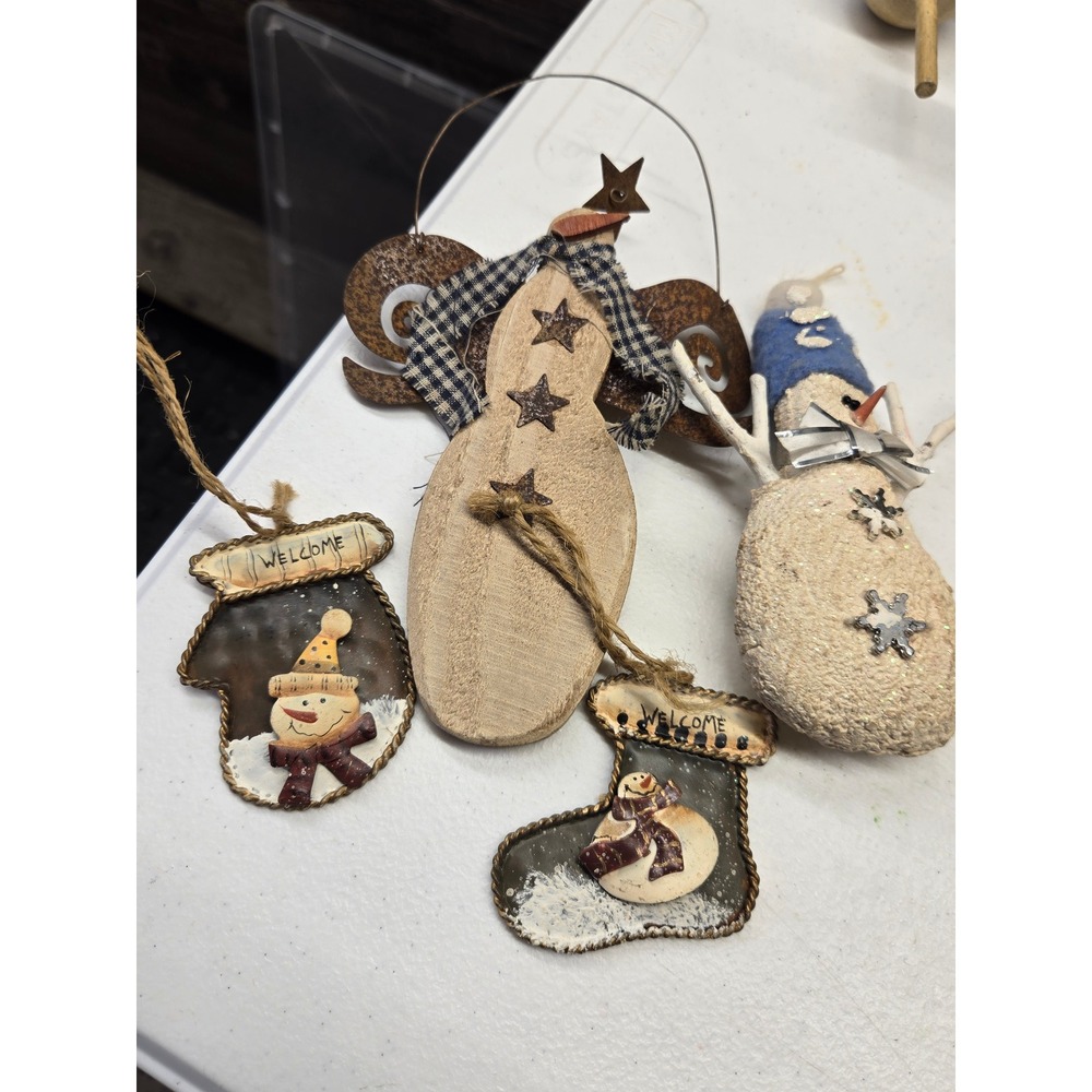 4pc Rustic Snowman Christmas Ornament Set Farmhouse Primitive Wood Metal Plush